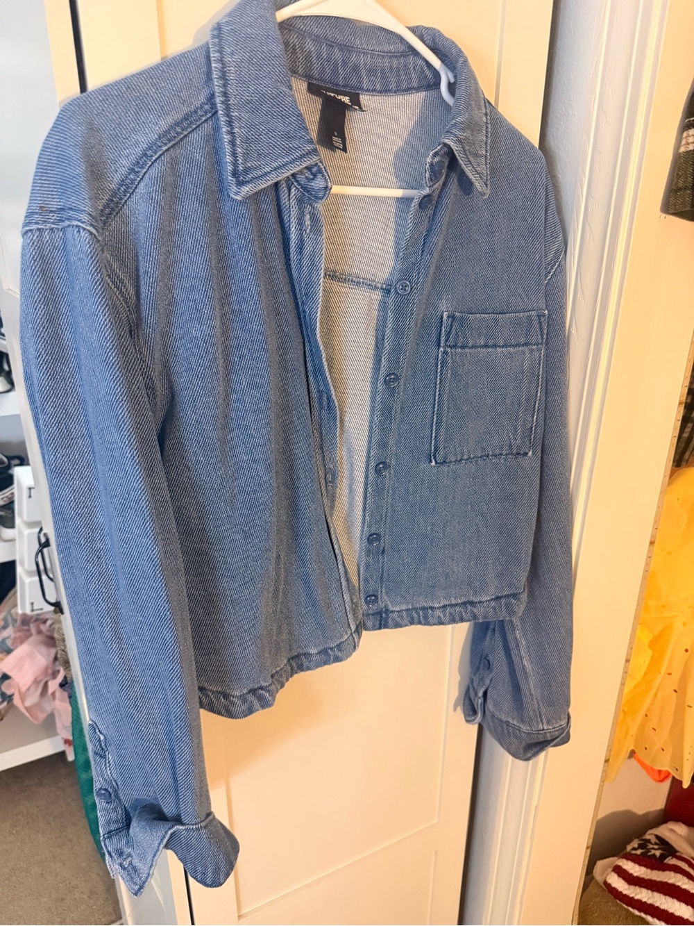 Cropped Light Blue Denim Button-Down Shirt